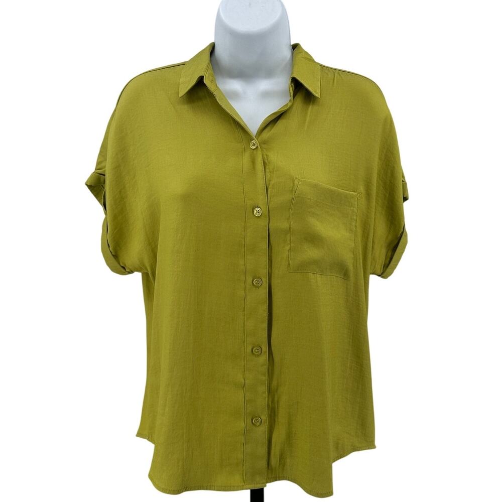 Joie Blouse WMNS S Moss Green Button Up Collared Short Sleeve Cuffed Pleated Top
